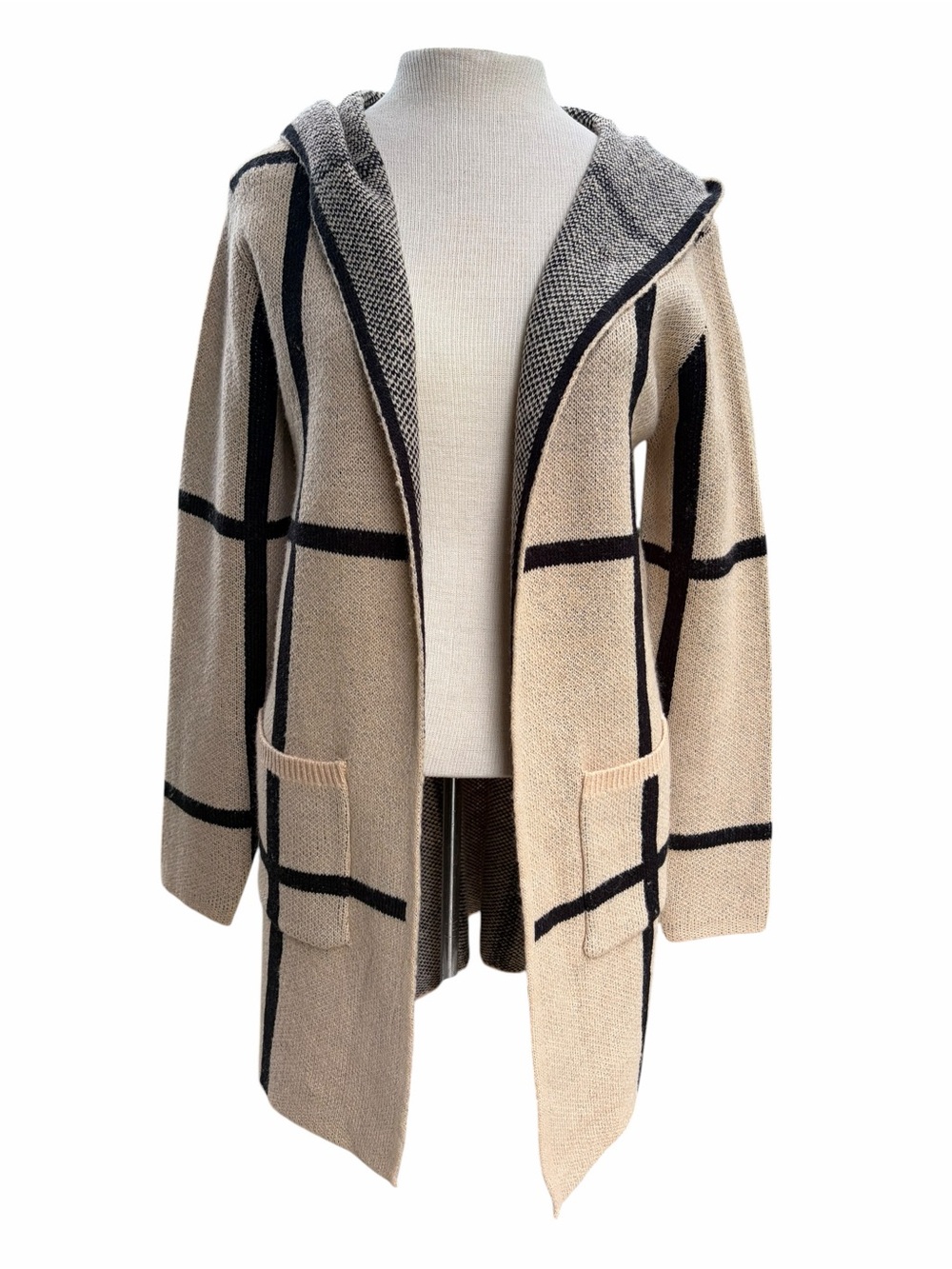 Hooded Windowpane Knit Cardigan Jacket in Beige